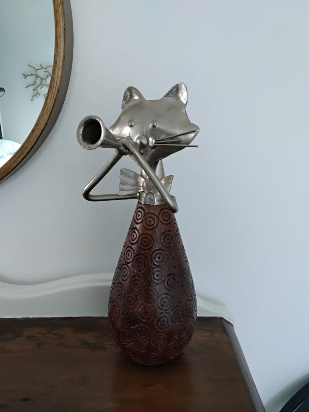 Pier 1 Wood And Metal Cat Figurine Playing Horn